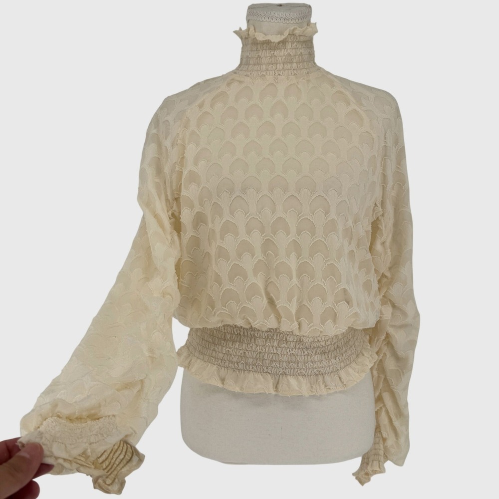HM Smocked Mock Neck Blouse 10 Cream Sheer Victorian Coquette Cottagecore Boho